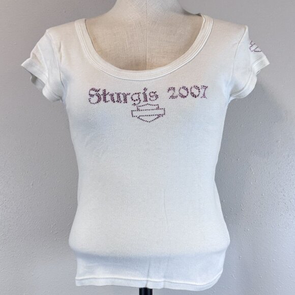 Harley-Davidson Womens White Sturgis 2007 T-Shirt Pink Rhinestone Logo Size S - Picture 1 of 15